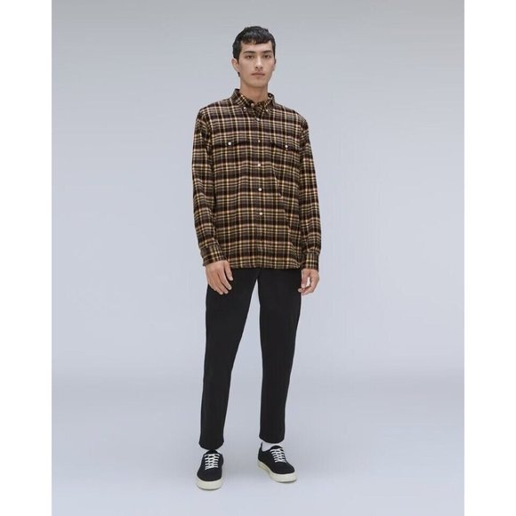 Everlane The Brushed Flannel Shirt Beech Plaid Button Down Brown Gray Soft Sz M - Picture 1 of 8